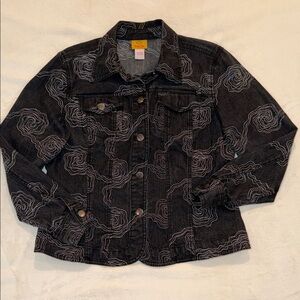 Ruby Rd Black Denim Jacket Embroidered Swirl Print Button Front Size 8